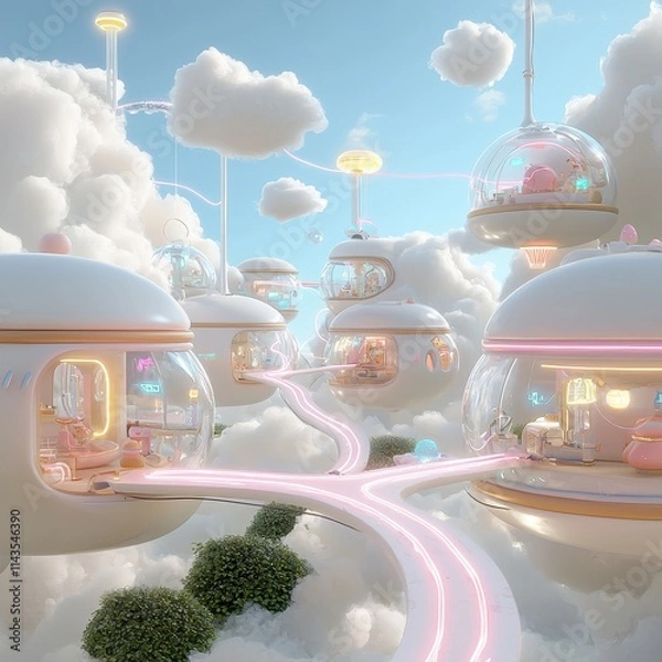 Fototapeta Futuristic Floating Cities in Soft Clouds with Neon Highlights