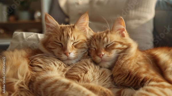 Fototapeta Cats displaying communication through body language, relaxed poses, cozy home setting