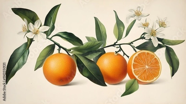 Fototapeta Oranges gracefully resting with flowers on light background digital painting. AI Generated