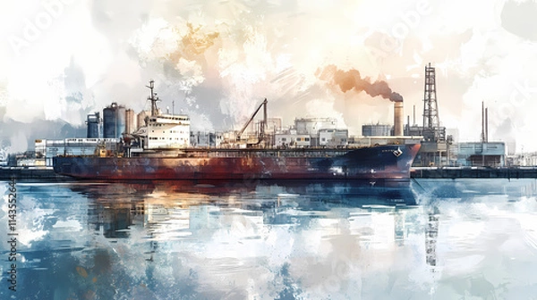 Fototapeta A watercolor-style depiction of a busy industrial harbor with a large ship docked in the foreground. the ship and the buildings are reflected in the water. Harbor. Illustration