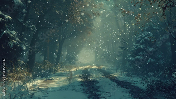 Obraz Empty snowy path in a dense forest, gentle snowflakes falling, enhancing the quiet and calm mood