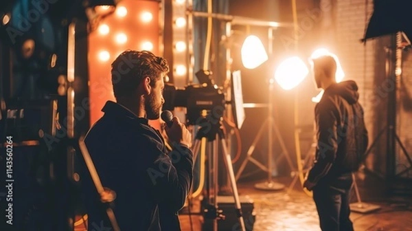 Fototapeta Journalist holding microphone conducting interview with celebrity in modern studio setting, capturing dynamic interaction and professional atmosphere.
