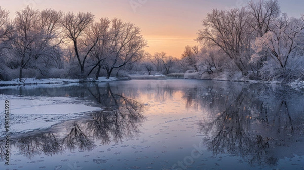 Fototapeta Icy lake reflecting dusk colors, darkened snowy trees surrounding, creating a moody, serene atmosphere