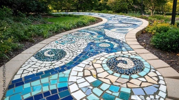 Fototapeta A winding mosaic pathway adorned with blue and green tiles, surrounded by lush greenery, inviting visitors to explore.