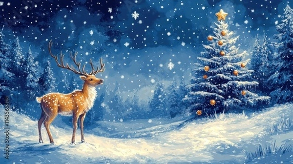 Obraz Serene Winter Holiday Art with Reindeer Christmas Tree and Baubles in Navy Blue on Sky Blue Background.
