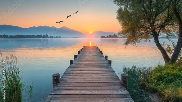 Fototapeta Zoom Virtual Background: Serene sunrise over a lake with a wooden pier and flying birds. Sunshine Wallpaper