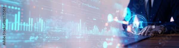 Fototapeta A businessman uses AI technology with digital data and advanced analytics, showcasing AI's role in driving innovation and boosting business efficiency.