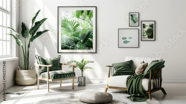 Fototapeta Scandinavian-style frame on a white wall, minimalist and cozy setup, perfect for modern art or photography