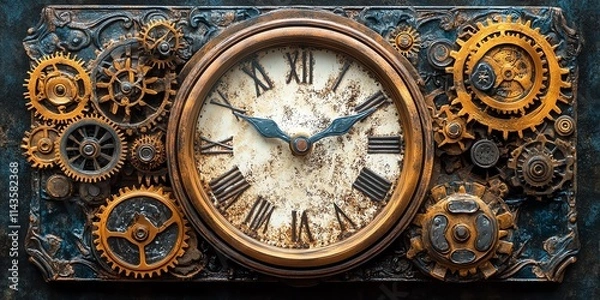 Fototapeta A vintage clock surrounded by intricate gears and cogs, showcasing steampunk design.
