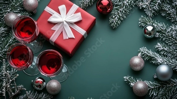 Fototapeta Close-up of Christmas decorations, ribbons, and presents hanging from the ceiling with a red ribbon in the shape of a spiral on a white background. 