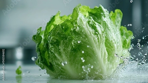 Fototapeta Fresh green lettuce head splashing in water.