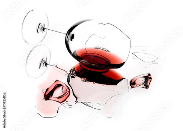 Fototapeta Glass of wine, broken on the mirror. Isolated on white