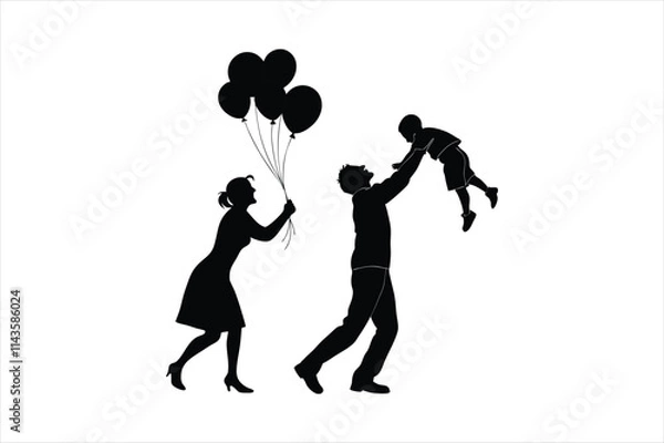 Fototapeta Silhouette of a Happy Family Playing with Balloons and Child, Joyful Family Bonding Scene