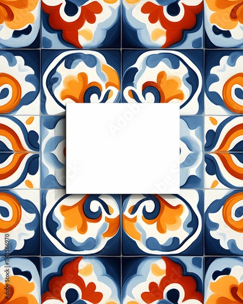 Fototapeta Blank card on vibrant azulejo tile background; design template.
