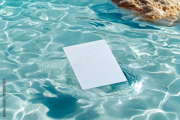 Fototapeta Blank paper mockup floating on turquoise water near rocks; summer vacation brochure design.