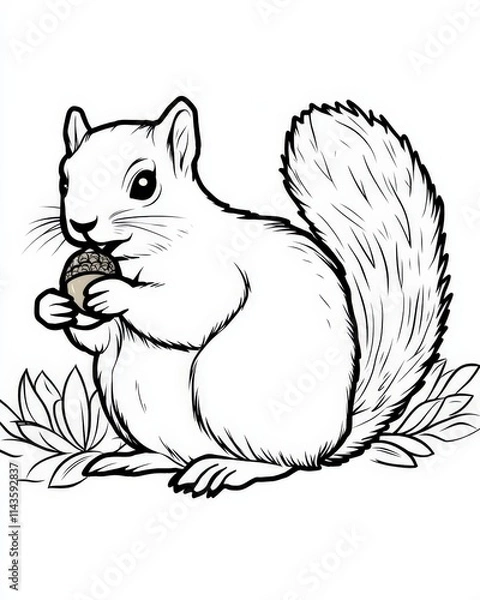 Fototapeta A cartoon-style illustration of a squirrel holding an acorn, surrounded by foliage. The image is designed for coloring purposes, showcasing the squirrel's playful demeanor.