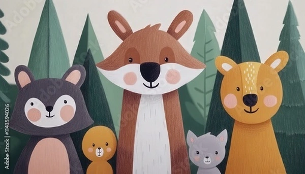 Fototapeta A colorful illustration featuring four cute, cartoon-style forest animals a bear, a fox, a rabbit, and a cat, set against a backdrop of stylized trees, evoking a playful and friendly atmosphere.
