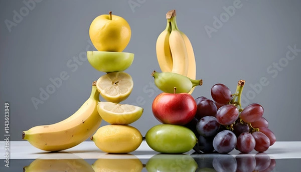 Fototapeta "Creative Arrangement of Fruits (Apple, Banana, Grapes, and Lemon) Balancing Artistically Like a Tower on a Reflective Surface with a Minimalist Background – Unique and Modern Fruit Display"