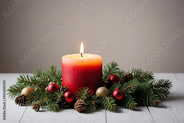 Fototapeta a close up of a candle with pine cones and ornaments