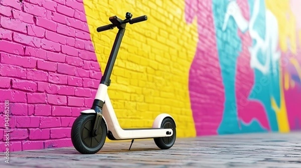 Fototapeta A modern electric scooter stands against a vibrant, multicolored brick wall, showcasing a blend of urban style and eco-friendly transportation.