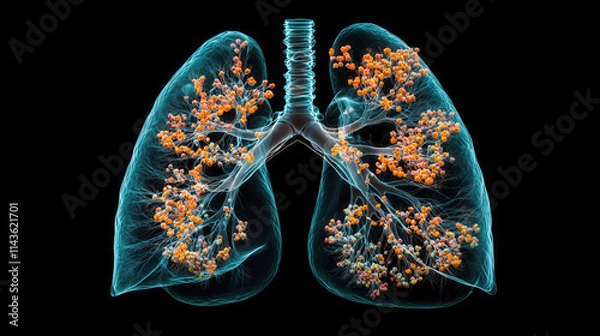 Fototapeta 3D Render of Lungs Infected with Clusters of Pathogens