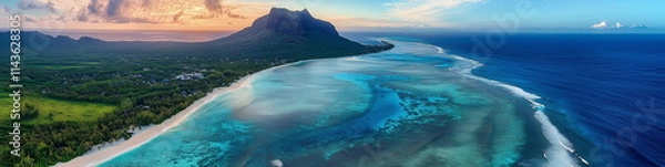 Fototapeta A panoramic shot of the beautiful coastline of Mauritius, with endless stretches of blue sea and coral reefs, lush forests, and mountains.