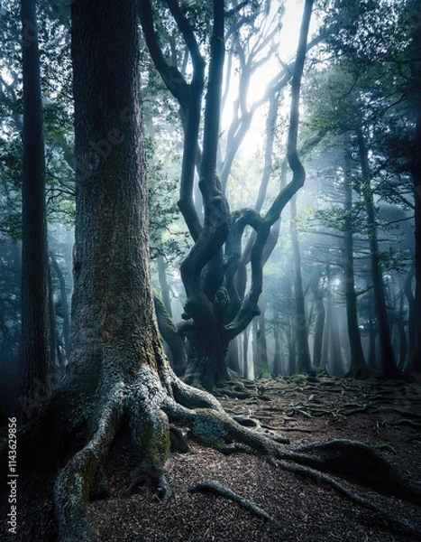 Fototapeta deep, dark forest with ancient, towering trees