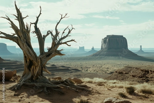 Fototapeta A single dead tree standing against a vast desert. A scene from a western movie. A desolate natural landscape.