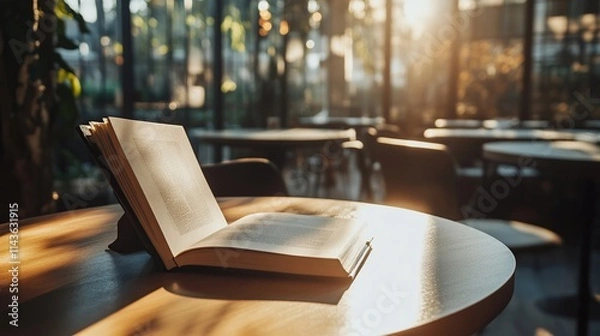 Fototapeta Open book on cafe table, sunlit.