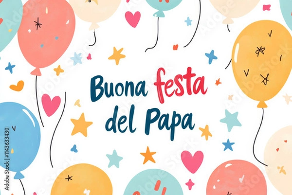 Fototapeta Happy Father's Day card illustration written in Italian language Buona festa del Papa like a kid drawing with balloons on a white background