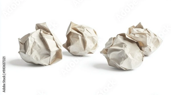 Fototapeta 80.Isolated image of several crumpled paper balls on a bright white background, each showing its own unique folds and textures. The random arrangement of the balls creates a natural look, with soft