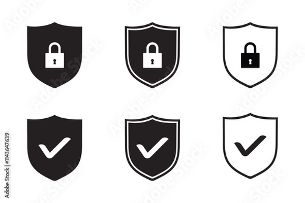 Fototapeta Security shield sign vector illustration. Security shields symbols with check mark and padlock. Shield security icon, Safety, protection sign.