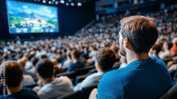 Fototapeta A focused audience watches a large screen presentation at an event, showcasing an engaging visual display in a packed venue.