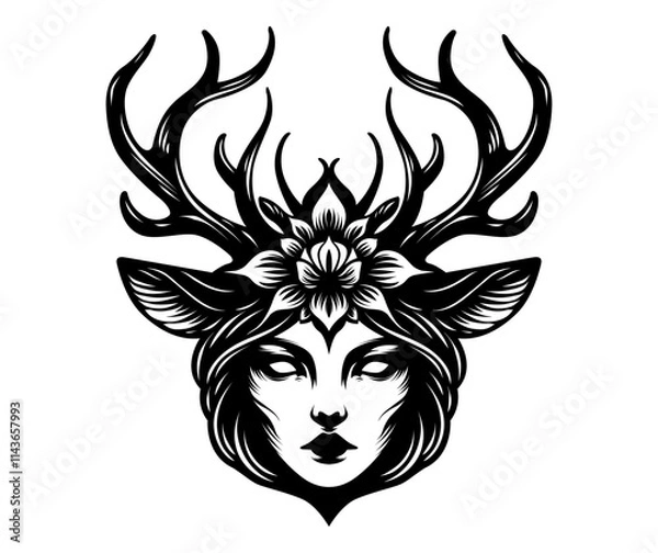 Fototapeta An illustration of female head with deer antler in white background. Horror and mystery element design. Vector graphic.