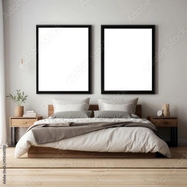 Obraz Minimalist bedroom interior design with wooden bed and framed artwork