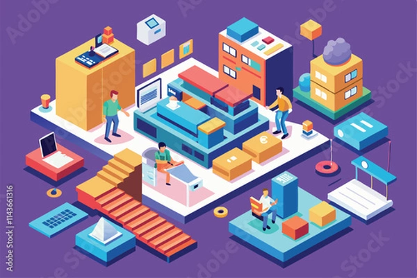 Fototapeta A colorful workspace features people engaged in different activities, surrounded by various structures and objects MS Customizable Isometric Illustration