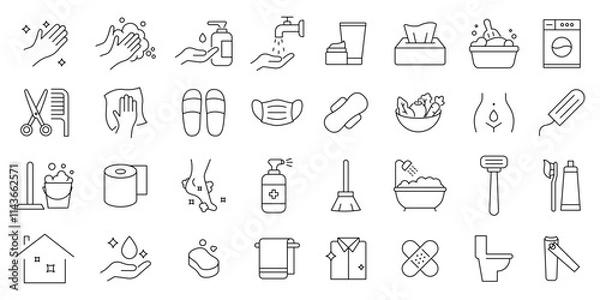 Fototapeta Hygiene icon set. containing sanitation, disinfection, sweep, bathing and more .editable stroke thin outline icon collection .
