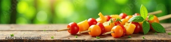 Obraz Bamboo skewers on a wooden table with a bright and colorful background, bamboo, summer