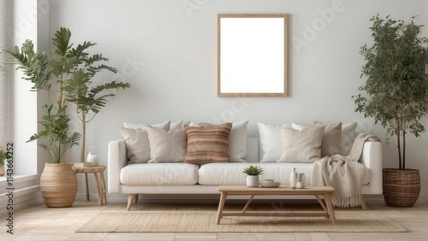 Fototapeta Minimalist Living Room Decor With Plants and Sofa