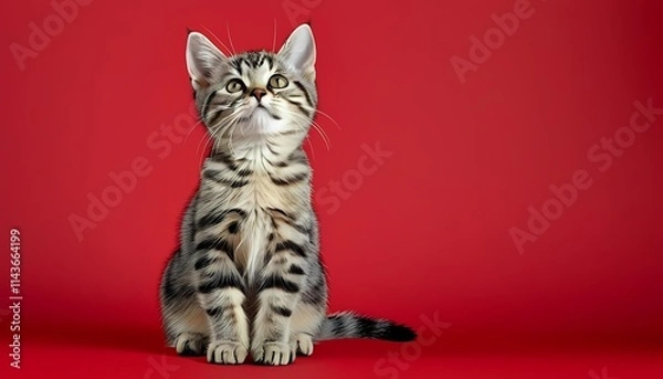 Fototapeta Adorable tabby kitten sits against a bold red backdrop.