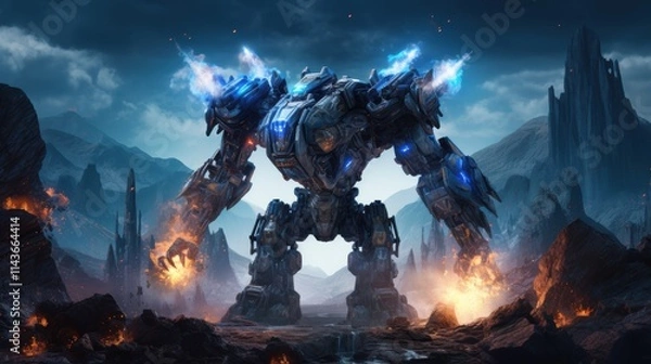 Obraz A towering military mech in rugged steel armor, firing high-energy weapons at alien creatures with iridescent skin and glowing appendages. The blue-hued alien planet is filled with rocky landscapes. 