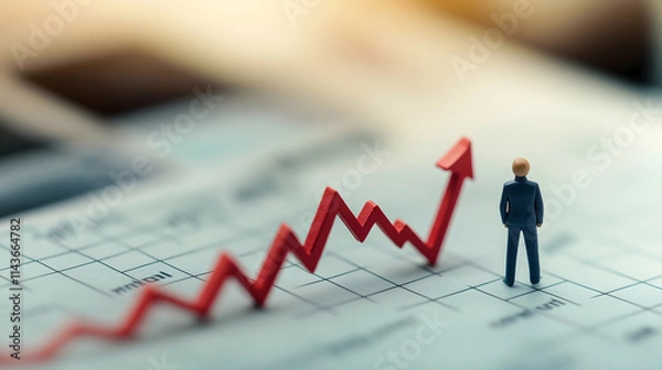 Fototapeta A miniature figure stands before a rising graph, symbolizing growth and success in business or investment.