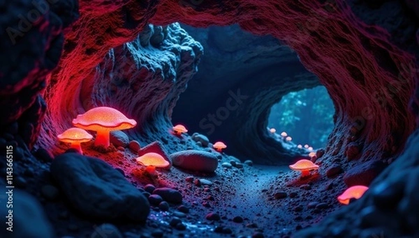 Obraz Bioluminescent fungi on ancient stone walls in a subterranean cave, natural world, stone, cave