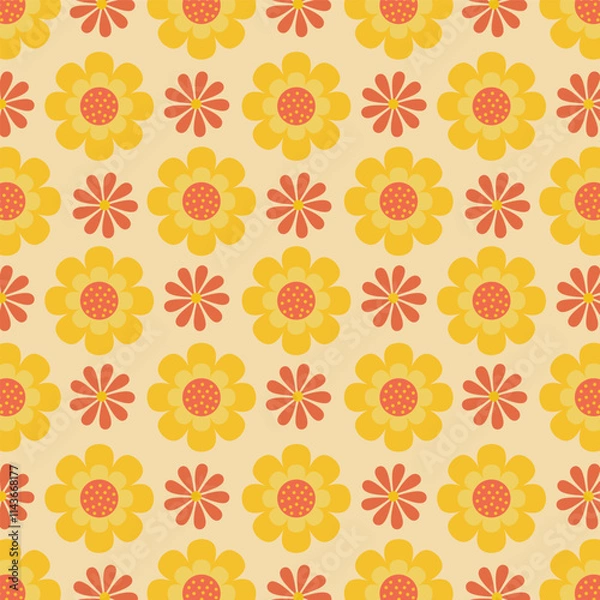 Fototapeta Seamless floral vector pattern with yellow and brown flowers on grey background for fashion, clothing, textile, stationary, packaging and other print.
