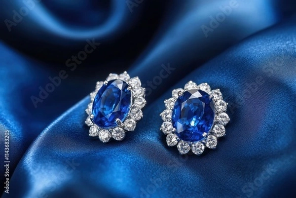Fototapeta A pair of luxurious blue sapphire earrings encrusted with diamonds, placed on a deep navy-blue silk fabric