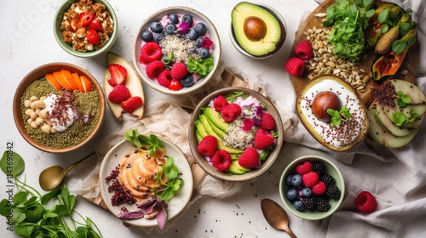 Fototapeta A vibrant and healthy food flat lay on a white clean background, featuring avocado toast with poached eggs