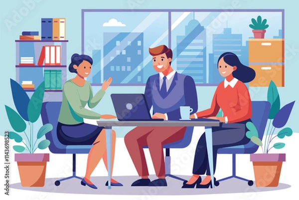 Fototapeta Three individuals collaborate at a modern office desk with a city skyline backdrop during a meeting Three individuals had a business meeting at the office, depicted in a flat illustration.