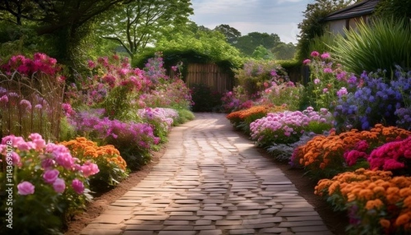 Fototapeta Exploring a Tranquil Garden Walkway Adorned with Vibrant Flowers"