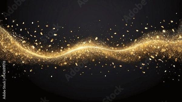 Fototapeta Gold glittering confetti wave and stardust. Backdrop with golden magical sparkles on dark background. Vector illustration