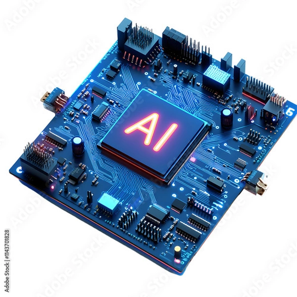 Fototapeta AI Circuit Board, Technology's Intelligent Core, Glowing Neon AI Symbol on a Transparent Background